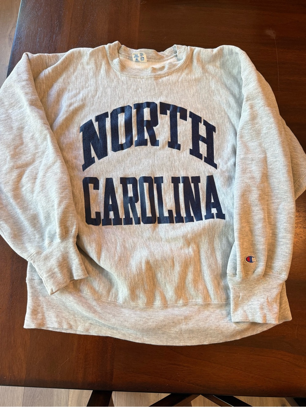 Vintage Champion Heather Gray Crewneck with Navy NORTH CAROLINA Print